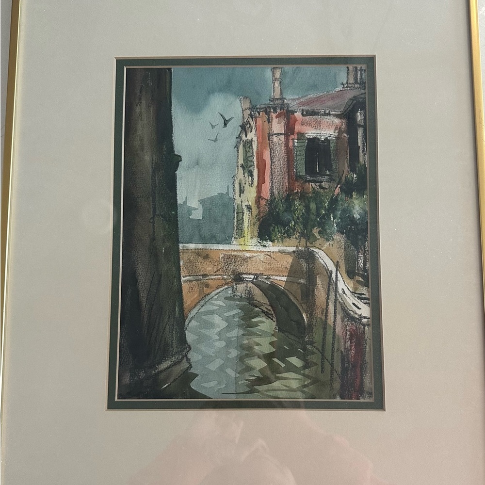 Framed Original Water Color Venice Streetscape painting - gold metal frame